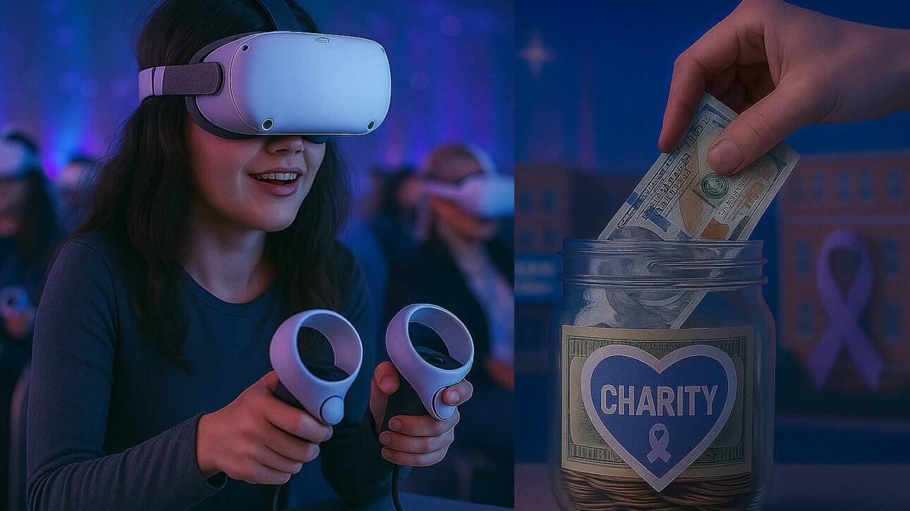 Gamer girl plays a virtual reality video game in a game-a-thon that generates charitable donations.