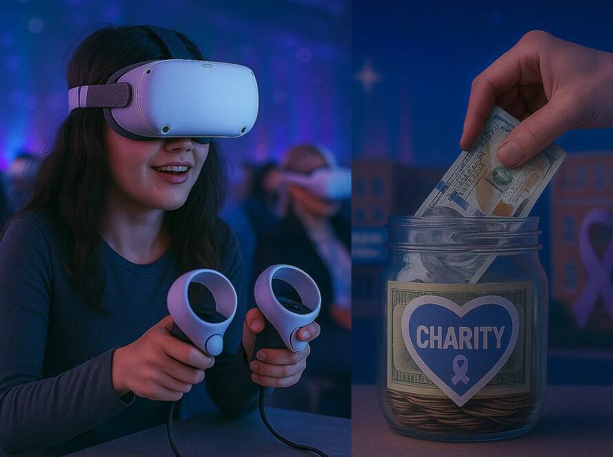 Gamer girl plays a virtual reality video game in a game-a-thon that generates charitable donations.